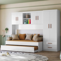 Dormitório Ônix Guarda Roupa, Aéreo 4 Portas e Bicama Flex Branco com Colchões Supreme D20 - Peternella Móveis Dormitório Ônix Guarda Roupa, Aéreo 4 Portas e Bicama Flex Branco com Colchões Supreme D20 - Peternella Móveis