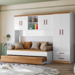 Dormitório Ônix Guarda Roupa, Aéreo 4 Portas e Bicama Flex Nature/Branco com Colchões Physical D20 - Peternella Móveis Dormitório Ônix Guarda Roupa, Aéreo 4 Portas e Bicama Flex Nature/Branco com Colchões Physical D20 - Peternella Móveis