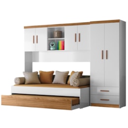 Dormitório Ônix Guarda Roupa, Aéreo 4 Portas e Bicama Flex Nature/Branco com Colchões Physical D20 - Peternella Móveis Dormitório Ônix Guarda Roupa, Aéreo 4 Portas e Bicama Flex Nature/Branco com Colchões Physical D20 - Peternella Móveis