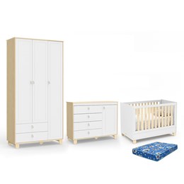 Dormitório Rope Guarda Roupa 3 Portas, Cômoda 1 Porta e Berço Branco Soft/Natural com Colchão Baby Physical - Matic Móveis 