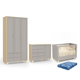 Dormitório Rope Guarda Roupa 3 Portas, Cômoda 1 Porta e Berço Cinza/Natural com Colchão Baby Physical - Matic Móveis