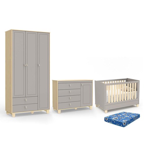 Dormitório Rope Guarda Roupa 3 Portas, Cômoda 1 Porta e Berço Cinza/Natural com Colchão Baby Physical - Matic Móveis