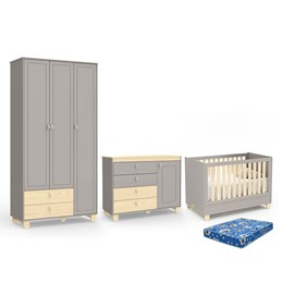Dormitório Rope Guarda Roupa 3 Portas, Cômoda 1 Porta e Berço Natural/Cinza com Colchão Baby Physical - Matic Móveis  