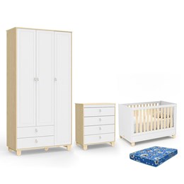 Dormitório Rope Guarda Roupa 3 Portas, Cômoda e Berço Branco Soft/Natural com Colchão Baby Physical - Matic Móveis