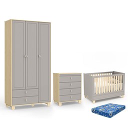 Dormitório Rope Guarda Roupa 3 Portas, Cômoda e Berço Cinza/Natural com Colchão Baby Physical - Matic Móveis
