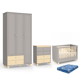 Dormitório Rope Guarda Roupa 3 Portas, Cômoda e Berço Natural/Cinza com Colchão Baby Physical - Matic Móveis 