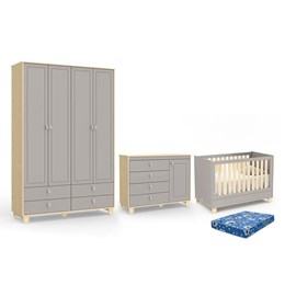 Dormitório Rope Guarda Roupa 4 Portas, Cômoda 1 Porta e Berço Cinza/Natural com Colchão Baby Physical - Matic Móveis