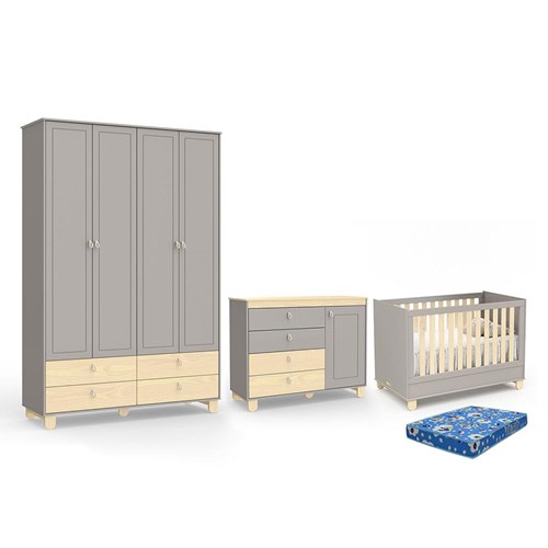 Dormitório Rope Guarda Roupa 4 Portas, Cômoda 1 Porta e Berço Natural/Cinza com Colchão Baby Physical - Matic Móveis 