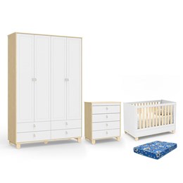 Dormitório Rope Guarda Roupa 4 Portas, Cômoda e Berço Branco Soft/Natural com Colchão Baby Physical - Matic Móveis