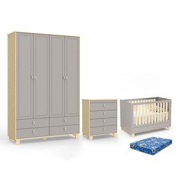Dormitório Rope Guarda Roupa 4 Portas, Cômoda e Berço Cinza/Natural com Colchão Baby Physical - Matic Móveis