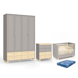 Dormitório Rope Guarda Roupa 4 Portas, Cômoda e Berço Natural/Cinza com Colchão Baby Physical - Matic Móveis