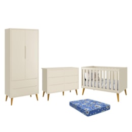 Dormitório Theo 2 Portas, Cômoda 6 Gavetas, Berço Areia Fosco com Pés Amadeirado e Colchão - Reller Móveis Dormitório Theo 2 Portas, Cômoda 6 Gavetas, Berço Areia Fosco com Pés Amadeirado e Colchão - Reller Móveis