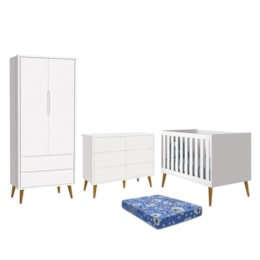 Dormitório Theo 2 Portas, Cômoda 6 Gavetas, Berço Branco Fosco com Pés Amadeirado e Colchão - Reller Móveis Dormitório Theo 2 Portas, Cômoda 6 Gavetas, Berço Branco Fosco com Pés Amadeirado e Colchão - Reller Móveis