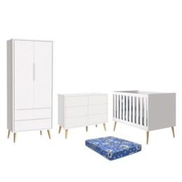 Dormitório Theo 2 Portas, Cômoda 6 Gavetas, Berço Branco Fosco com Pés Madeira Natural e Colchão - Reller Móveis  Dormitório Theo 2 Portas, Cômoda 6 Gavetas, Berço Branco Fosco com Pés Madeira Natural e Colchão - Reller Móveis