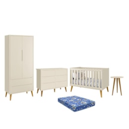 Dormitório Theo 2 Portas, Cômoda 6 Gavetas, Berço, Mesa de Canto Areia Fosco com Pés Amadeirado e Colchão - Reller Móveis Dormitório Theo 2 Portas, Cômoda 6 Gavetas, Berço, Mesa de Canto Areia Fosco com Pés Amadeirado e Colchão - Reller Móveis