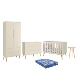 Dormitório Theo 2 Portas, Cômoda 6 Gavetas, Berço, Mesa de Canto Areia Fosco com Pés Madeira Natural e Colchão - Reller Móveis  Dormitório Theo 2 Portas, Cômoda 6 Gavetas, Berço, Mesa de Canto Areia Fosco com Pés Madeira Natural e Colchão - Reller Móveis