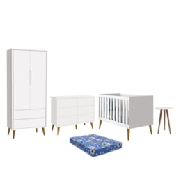 Dormitório Theo 2 Portas, Cômoda 6 Gavetas, Berço, Mesa de Canto Branco Fosco com Pés Amadeirado e Colchão - Reller Móveis Dormitório Theo 2 Portas, Cômoda 6 Gavetas, Berço, Mesa de Canto Branco Fosco com Pés Amadeirado e Colchão - Reller Móveis