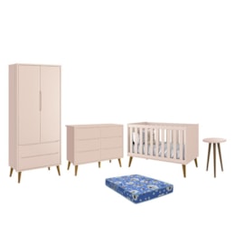 Dormitório Theo 2 Portas, Cômoda 6 Gavetas, Berço, Mesa de Canto Rosa Fosco com Pés Amadeirado e Colchão - Reller Móveis Dormitório Theo 2 Portas, Cômoda 6 Gavetas, Berço, Mesa de Canto Rosa Fosco com Pés Amadeirado e Colchão - Reller Móveis