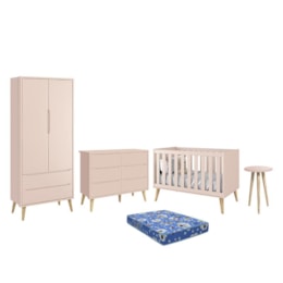 Dormitório Theo 2 Portas, Cômoda 6 Gavetas, Berço, Mesa de Canto Rosa Fosco com Pés Madeira Natural e Colchão - Reller Móveis  Dormitório Theo 2 Portas, Cômoda 6 Gavetas, Berço, Mesa de Canto Rosa Fosco com Pés Madeira Natural e Colchão - Reller Móveis