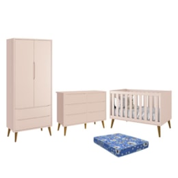 Dormitório Theo 2 Portas, Cômoda 6 Gavetas, Berço Rosa Fosco com Pés Amadeirado e Colchão - Reller Móveis Dormitório Theo 2 Portas, Cômoda 6 Gavetas, Berço Rosa Fosco com Pés Amadeirado e Colchão - Reller Móveis