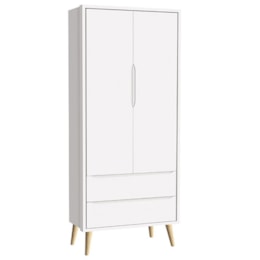 Dormitório Theo 2 Portas e Mesa de Canto Branco com Pés Madeira Natural - Reller Móveis Dormitório Theo 2 Portas e Mesa de Canto Branco com Pés Madeira Natural - Reller Móveis