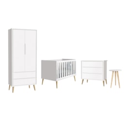 Dormitório Theo 2 Portas e Mesa de Canto Branco com Pés Madeira Natural - Reller Móveis Dormitório Theo 2 Portas e Mesa de Canto Branco com Pés Madeira Natural - Reller Móveis
