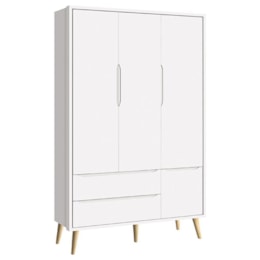 Dormitório Theo 3 Portas, Mesa de Canto Branco com Pés Madeira Natural e Colchão D18 - Reller Móveis Dormitório Theo 3 Portas, Mesa de Canto Branco com Pés Madeira Natural e Colchão D18 - Reller Móveis