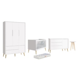 Dormitório Theo 3 Portas, Mesa de Canto Branco com Pés Madeira Natural e Colchão D18 - Reller Móveis Dormitório Theo 3 Portas, Mesa de Canto Branco com Pés Madeira Natural e Colchão D18 - Reller Móveis