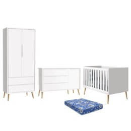 Dormitório Theo Retrô 2 Portas, Cômoda 1 Porta, Berço Branco Fosco com Pés Madeira Natural e Colchão - Reller Móveis  Dormitório Theo Retrô 2 Portas, Cômoda 1 Porta, Berço Branco Fosco com Pés Madeira Natural e Colchão - Reller Móveis