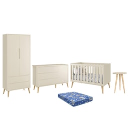 Dormitório Theo Retrô 2 Portas, Cômoda 1 Porta, Berço, Mesa de Apoio Areia Fosco com Pés Madeira Natural e Colchão - Reller Móveis  Dormitório Theo Retrô 2 Portas, Cômoda 1 Porta, Berço, Mesa de Apoio Areia Fosco com Pés Madeira Natural e Colchão - Reller Móveis