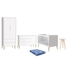 Dormitório Theo Retrô 2 Portas, Cômoda 1 Porta, Berço, Mesa de Apoio Branco Fosco com Pés Madeira Natural e Colchão - Reller Móveis  Dormitório Theo Retrô 2 Portas, Cômoda 1 Porta, Berço, Mesa de Apoio Branco Fosco com Pés Madeira Natural e Colchão - Reller Móveis