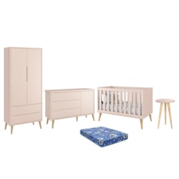 Dormitório Theo Retrô 2 Portas, Cômoda 1 Porta, Berço, Mesa de Apoio Rosa Fosco com Pés Madeira Natural e Colchão - Reller Móveis  Dormitório Theo Retrô 2 Portas, Cômoda 1 Porta, Berço, Mesa de Apoio Rosa Fosco com Pés Madeira Natural e Colchão - Reller Móveis
