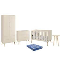 Dormitório Theo Retrô 2 Portas, Cômoda, Berço, Mesa de Apoio Areia Fosco com Pés Madeira Natural e Colchão - Reller Móveis  Dormitório Theo Retrô 2 Portas, Cômoda, Berço, Mesa de Apoio Areia Fosco com Pés Madeira Natural e Colchão - Reller Móveis