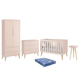 Dormitório Theo Retrô 2 Portas, Cômoda, Berço, Mesa de Apoio Rosa Fosco com Pés Madeira Natural e Colchão - Reller Móveis  Dormitório Theo Retrô 2 Portas, Cômoda, Berço, Mesa de Apoio Rosa Fosco com Pés Madeira Natural e Colchão - Reller Móveis