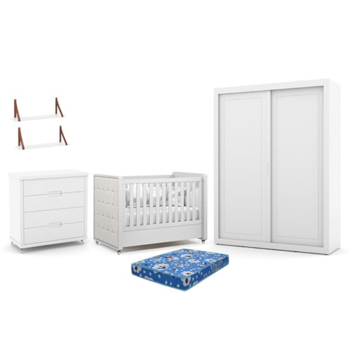 Dormitório Tutto 2 Portas, Cômoda, Berço Branco Soft com Capitonê, Colchão Physical e Prateleiras - Matic Móveis 