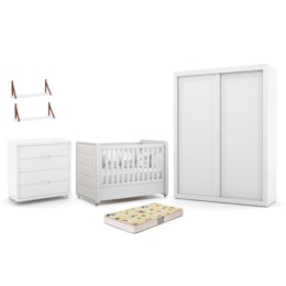 Dormitório Tutto 2 Portas, Cômoda, Berço Branco Soft com Capitonê, Colchão Supreme e Prateleiras - Matic Móveis