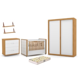 Dormitório Tutto 2 Portas, Cômoda, Berço Branco Soft/Freijó com Capitonê, Colchão Supreme e Prateleiras - Matic Móveis Dormitório Tutto 2 Portas, Cômoda, Berço Branco Soft/Freijó com Capitonê, Colchão Supreme e Prateleiras - Matic Móveis