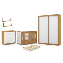 Dormitório Tutto 2 Portas, Cômoda, Berço Freijó/Branco Soft com Capitonê, Colchão Supreme e Prateleiras - Matic Móveis Dormitório Tutto 2 Portas, Cômoda, Berço Freijó/Branco Soft com Capitonê, Colchão Supreme e Prateleiras - Matic Móveis
