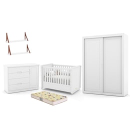Dormitório Tutto New 2 Portas, Cômoda 1 Porta, Berço Branco Soft com Colchão D18 e Prateleiras - Matic Móveis   Dormitório Tutto New 2 Portas, Cômoda 1 Porta, Berço Branco Soft com Colchão D18 e Prateleiras - Matic Móveis
