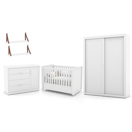 Dormitório Tutto New 2 Portas, Cômoda 1 Porta, Berço Branco Soft e Prateleiras - Matic Móveis 