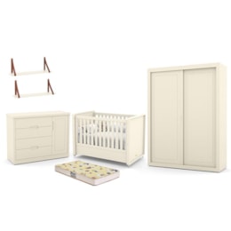 Dormitório Tutto New 2 Portas, Cômoda 1 Porta, Berço Off White com Colchão D18 e Prateleiras - Matic Móveis   Dormitório Tutto New 2 Portas, Cômoda 1 Porta, Berço Off White com Colchão D18 e Prateleiras - Matic Móveis