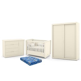 Dormitório Tutto New 2 Portas, Cômoda 1 Porta, Berço Off White com Colchão - Matic Móveis 
