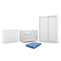 Dormitório Tutto New 2 Portas, Cômoda 1 Porta e Berço Branco Soft com Capitonê e Colchão Physical - Matic Móveis Dormitório Tutto New 2 Portas, Cômoda 1 Porta e Berço Branco Soft com Capitonê e Colchão Physical - Matic Móveis