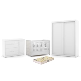 Dormitório Tutto New 2 Portas, Cômoda 1 Porta e Berço Branco Soft com Capitonê e Colchão Supreme - Matic Móveis Dormitório Tutto New 2 Portas, Cômoda 1 Porta e Berço Branco Soft com Capitonê e Colchão Supreme - Matic Móveis