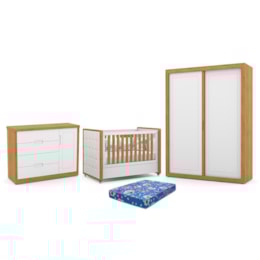 Dormitório Tutto New 2 Portas, Cômoda 1 Porta e Berço Branco Soft/Freijó com Capitonê e Colchão Physical - Matic Móveis Dormitório Tutto New 2 Portas, Cômoda 1 Porta e Berço Branco Soft/Freijó com Capitonê e Colchão Physical - Matic Móveis