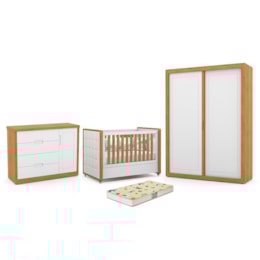 Dormitório Tutto New 2 Portas, Cômoda 1 Porta e Berço Branco Soft/Freijó com Capitonê e Colchão Supreme - Matic Móveis Dormitório Tutto New 2 Portas, Cômoda 1 Porta e Berço Branco Soft/Freijó com Capitonê e Colchão Supreme - Matic Móveis