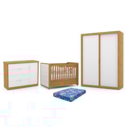 Dormitório Tutto New 2 Portas, Cômoda 1 Porta e Berço Freijó/Branco Soft com Capitonê e Colchão Physical - Matic Móveis  Dormitório Tutto New 2 Portas, Cômoda 1 Porta e Berço Freijó/Branco Soft com Capitonê e Colchão Physical - Matic Móveis