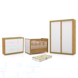 Dormitório Tutto New 2 Portas, Cômoda 1 Porta e Berço Freijó/Branco Soft com Capitonê e Colchão Supreme - Matic Móveis Dormitório Tutto New 2 Portas, Cômoda 1 Porta e Berço Freijó/Branco Soft com Capitonê e Colchão Supreme - Matic Móveis