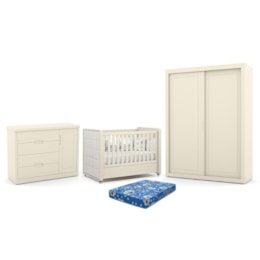 Dormitório Tutto New 2 Portas, Cômoda 1 Porta e Berço Off White com Capitonê e Colchão Physical - Matic Móveis Dormitório Tutto New 2 Portas, Cômoda 1 Porta e Berço Off White com Capitonê e Colchão Physical - Matic Móveis