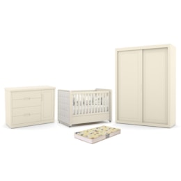 Dormitório Tutto New 2 Portas, Cômoda 1 Porta e Berço Off White com Capitonê e Colchão Supreme - Matic Móveis Dormitório Tutto New 2 Portas, Cômoda 1 Porta e Berço Off White com Capitonê e Colchão Supreme - Matic Móveis